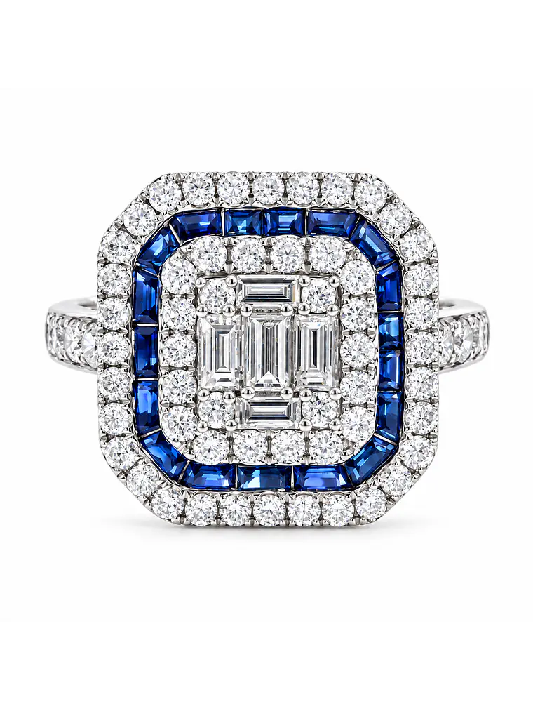 Magnífico Maxi Anillo Zafiros Azules y Diamantes Naturales Oro Blanco 18K 1