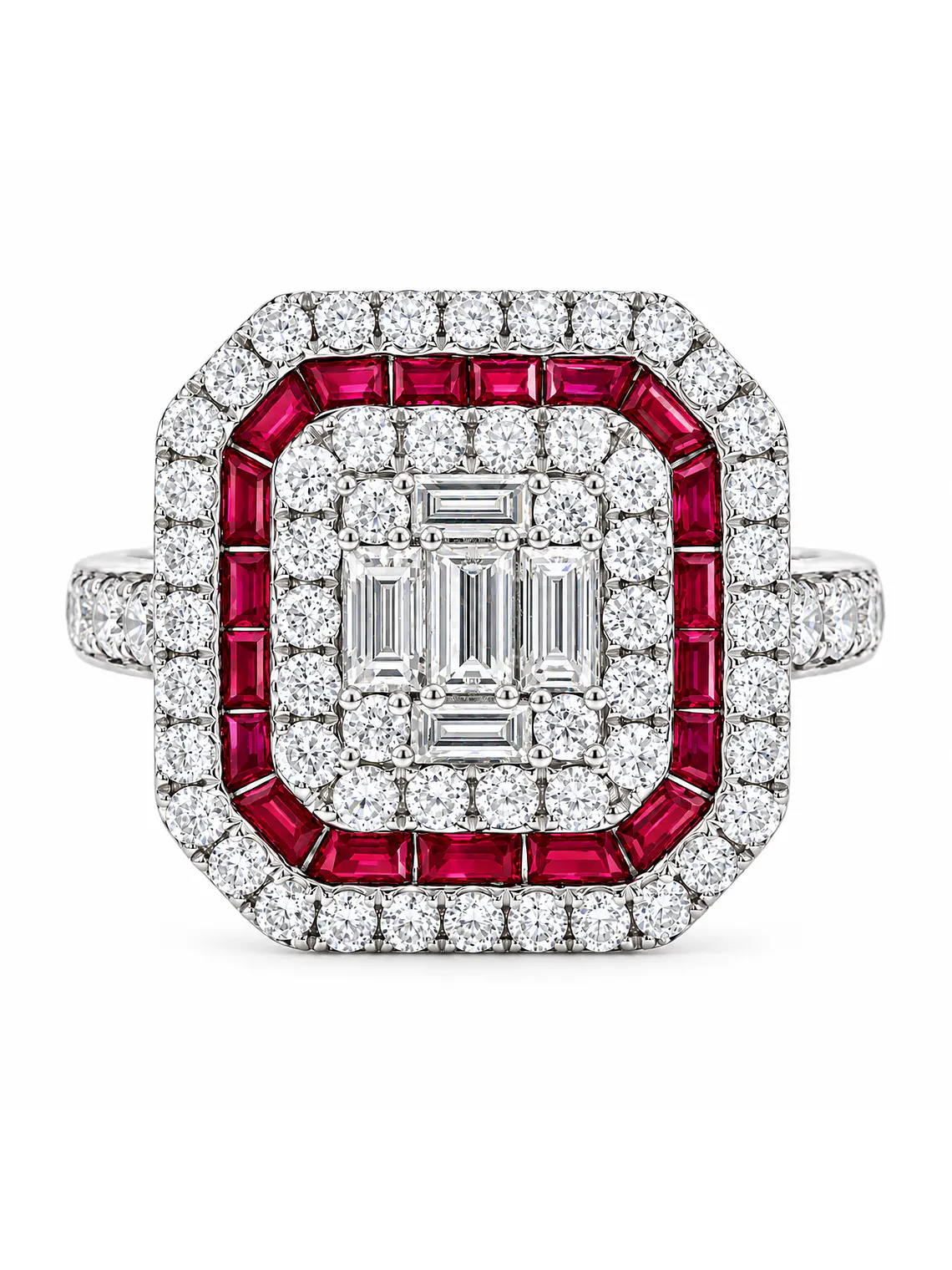 Magnífico Maxi Anillo Rubíes y Diamantes Naturales Oro Blanco 18K 1