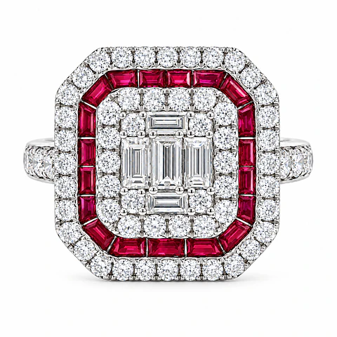Magnífico Maxi Anillo Rubíes y Diamantes Naturales Oro Blanco 18K