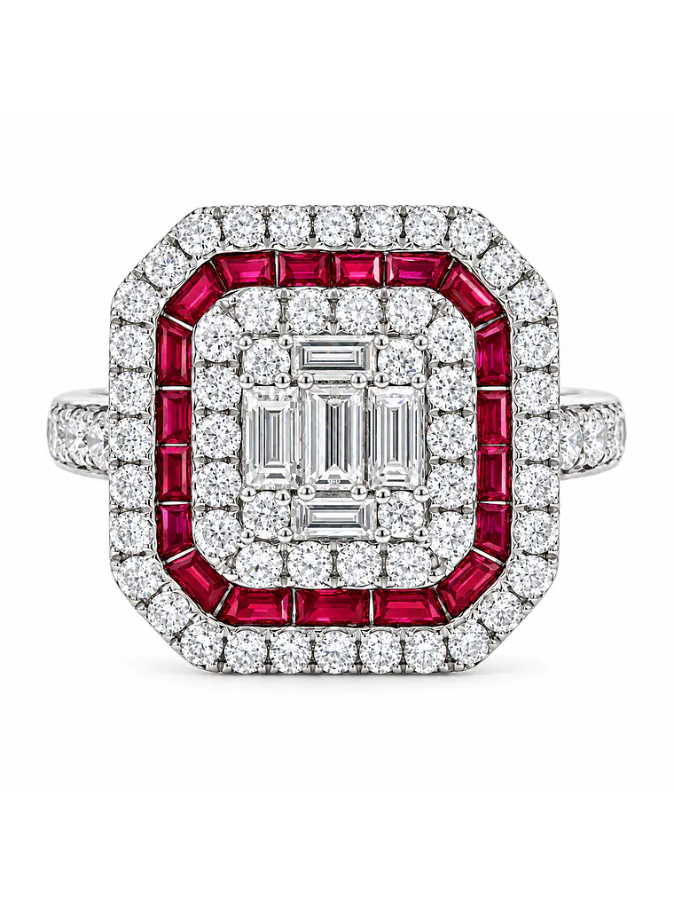 Magnífico Maxi Anillo Rubíes y Diamantes Naturales Oro Blanco 18K 1