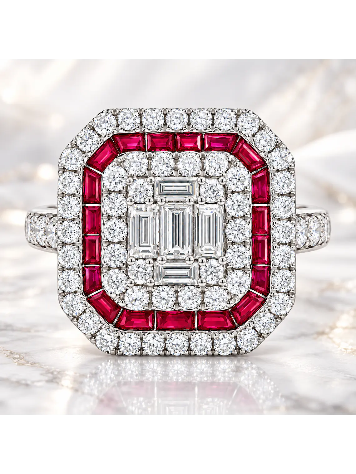 Magnífico Maxi Anillo Rubíes y Diamantes Naturales Oro Blanco 18K 3