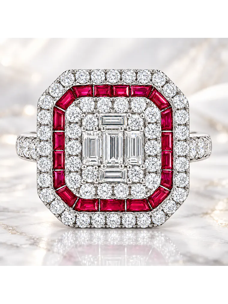 Magnífico Maxi Anillo Rubíes y Diamantes Naturales Oro Blanco 18K 3