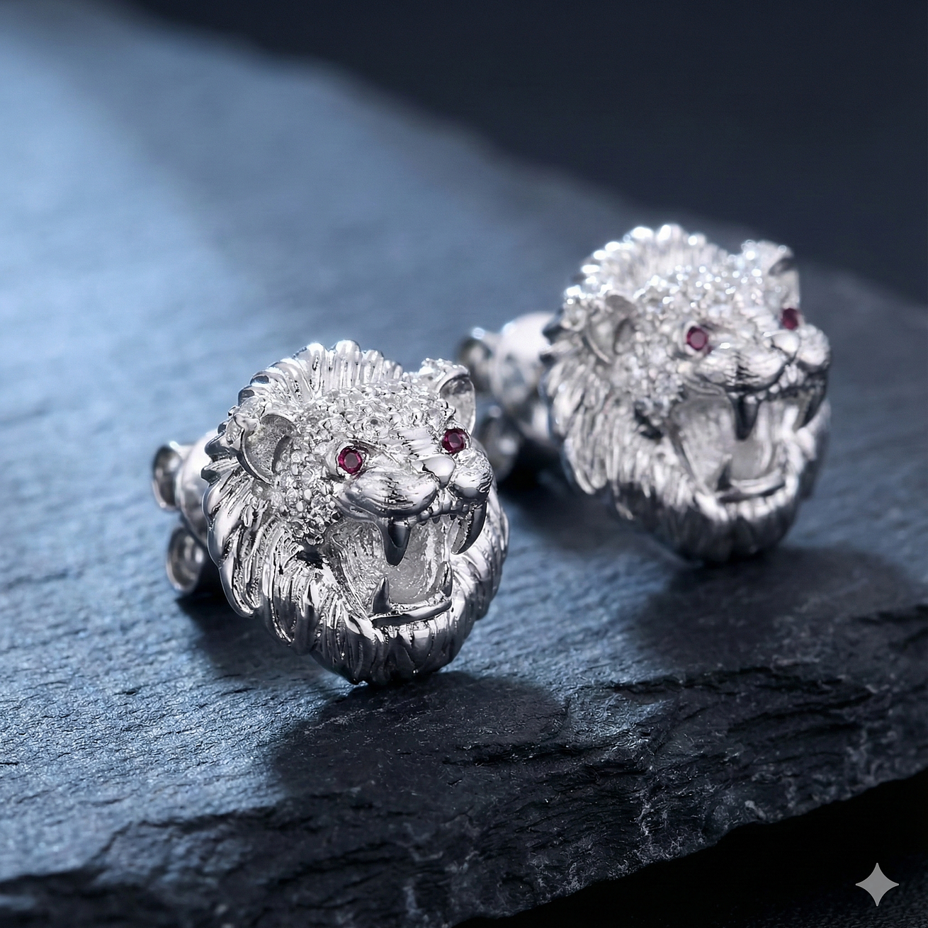 Aros de Plata 925 - Diseño Cabeza de León con Incrustaciones y Rubí 1