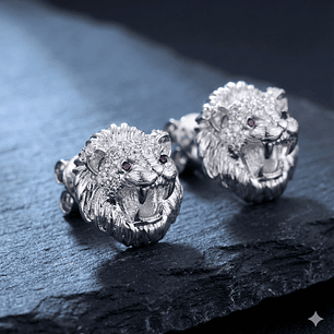 Aros de Plata 925 - Diseño Cabeza de León con Incrustaciones y Rubí