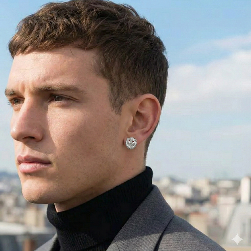 Aros de Plata 925 - Diseño Cabeza de León con Incrustaciones y Rubí 2