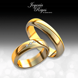Argollas de Matrimonio Oro Amarillo - Oro Blanco 18 kilates con 3 brillantes 2 puntos cada uno, 5mm x 12 grs el par