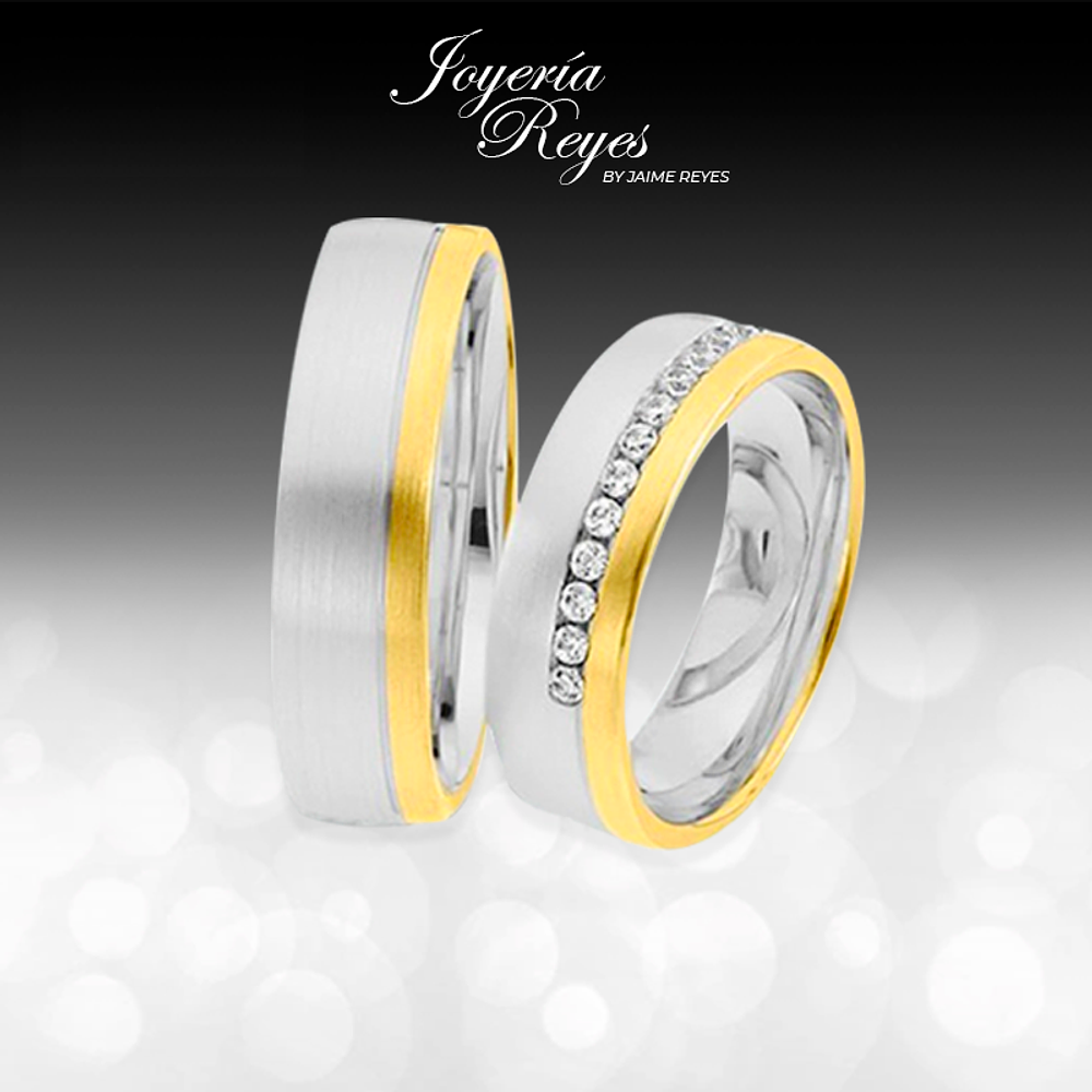Argollas de Matrimonio Oro Blanco - Oro Amarillo 18 kilates con 15 brillantes de 2 puntos cada uno, 5mm x 12 grs el par