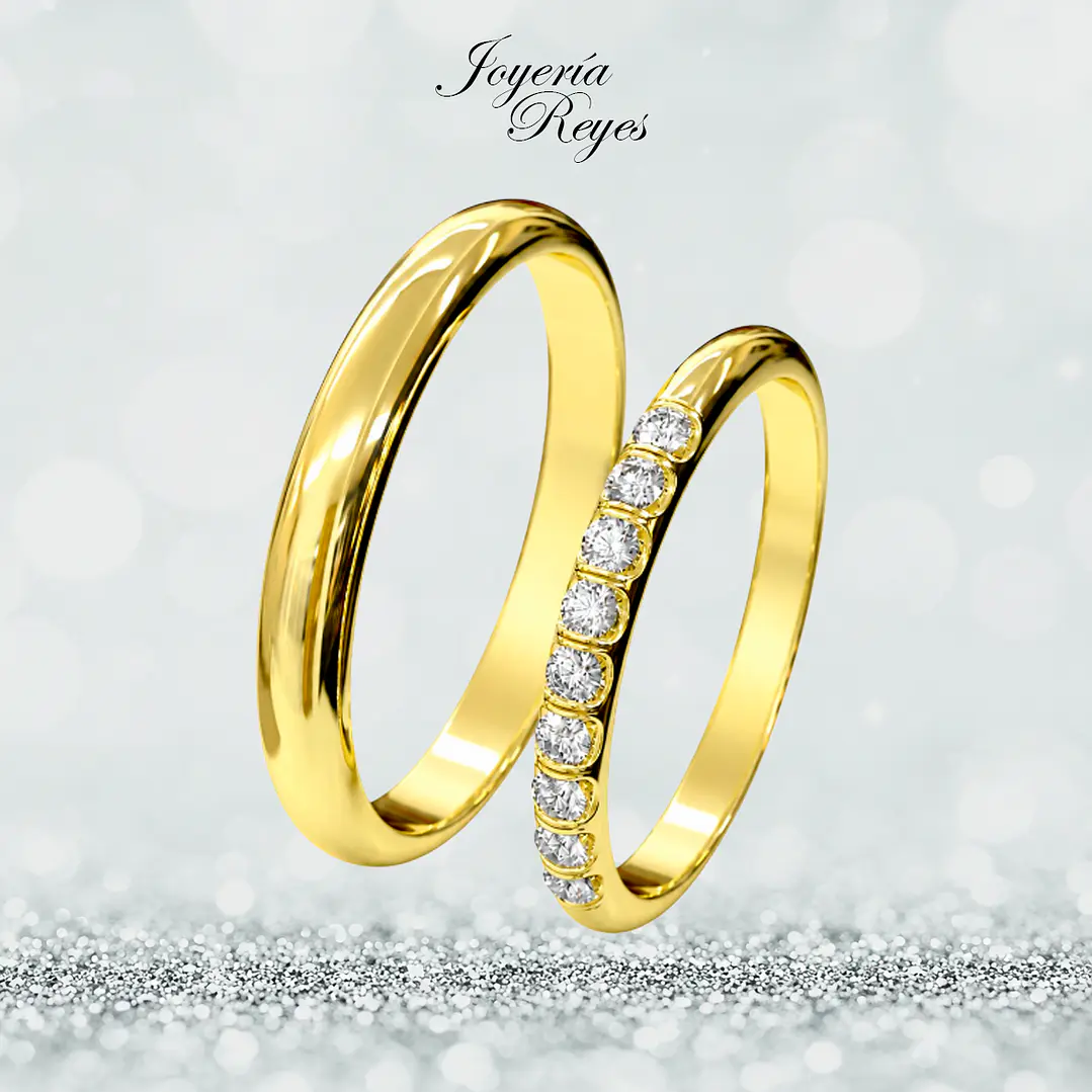 Argollas de Matrimonio Oro Amarillo 18 kilates, modelo Corte Inglés con 9 circones, 3,5mm ancho x 10 grs aprox el par 1