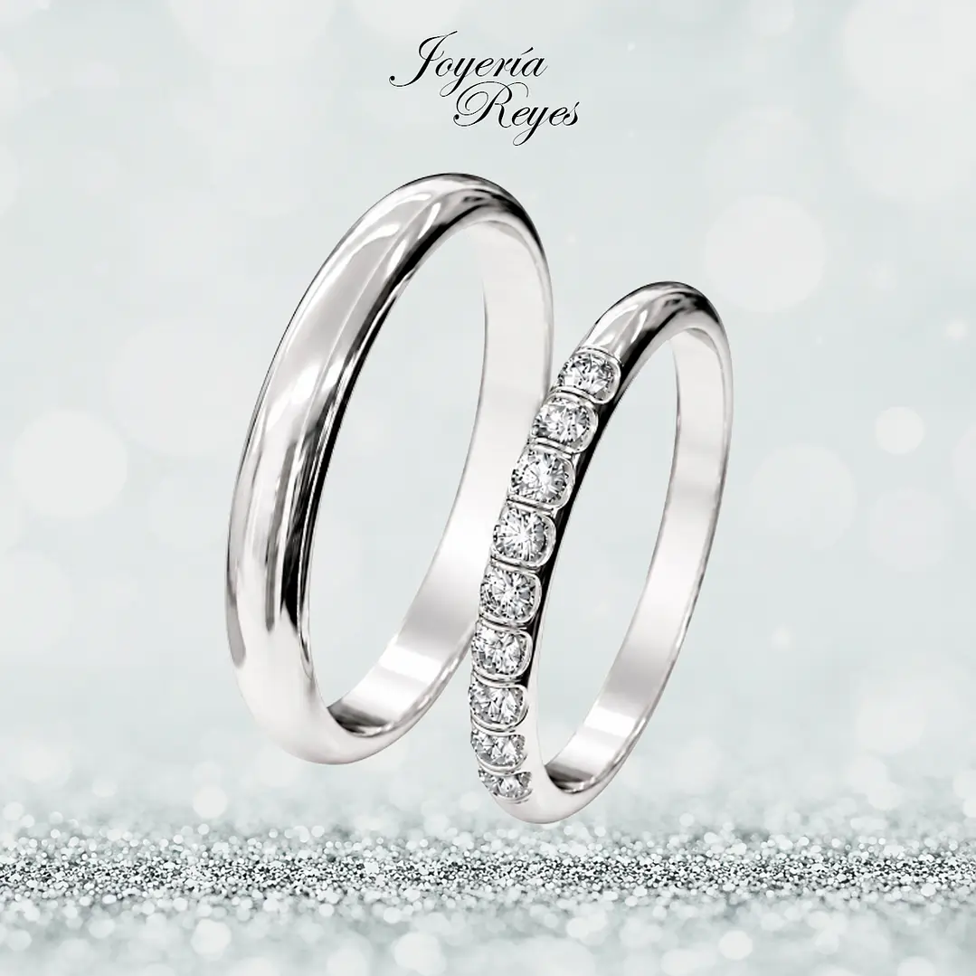 Argollas de Matrimonio Oro Blanco 18 kilates, modelo Corte Inglés con 9 circones, 3,5mm ancho x 10 grs aprox el par 1