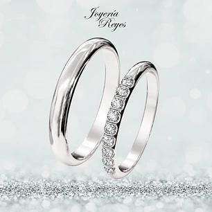 Argollas de Matrimonio Oro Blanco 18 kilates, modelo Corte Inglés con 9 circones, 3,5mm ancho x 10 grs aprox el par