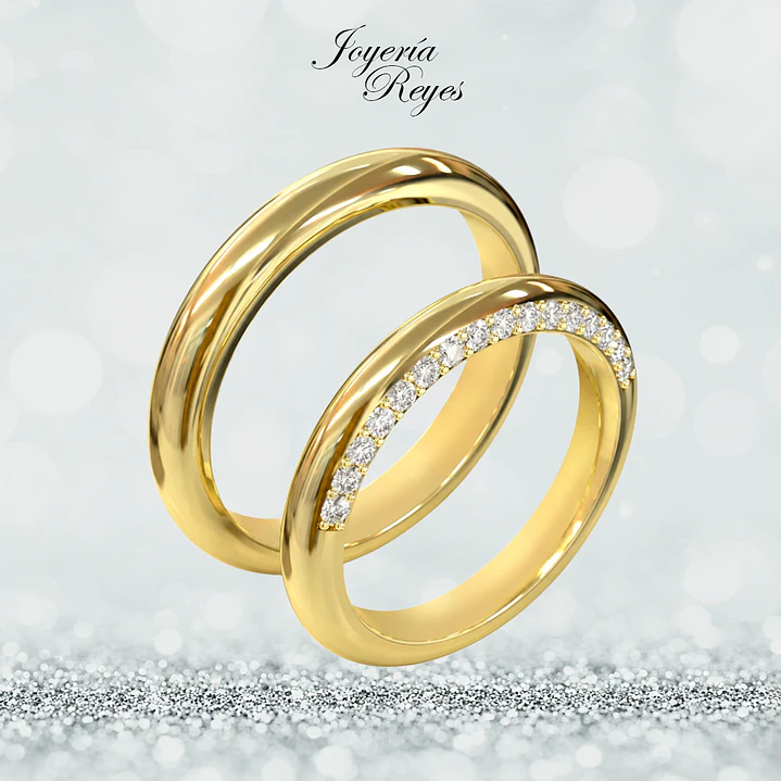 Argollas de Matrimonio Oro Amarillo 18 kilates, modelo Corte Inglés con 16 circones, 3,5mm ancho x 10 grs aprox el par 1