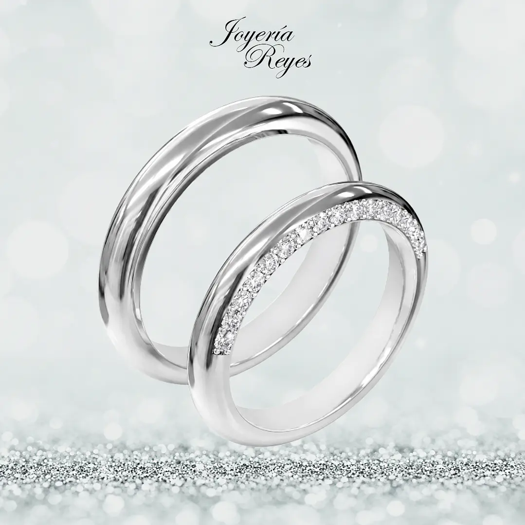 Argollas de Matrimonio Oro Blanco 18 kilates, modelo Corte Inglés con 16 circones, 3,5mm ancho x 10 grs aprox el par 1