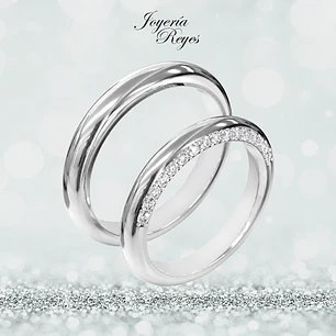 Argollas de Matrimonio Oro Blanco 18 kilates, modelo Corte Inglés con 16 circones, 3,5mm ancho x 10 grs aprox el par