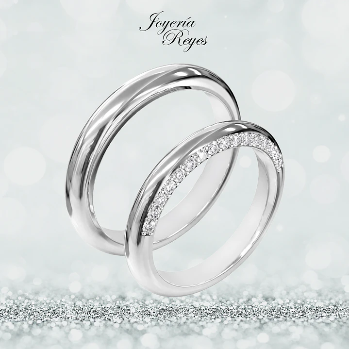 Argollas de Matrimonio Oro Blanco 18 kilates, modelo Corte Inglés con 16 circones, 3,5mm ancho x 10 grs aprox el par 1
