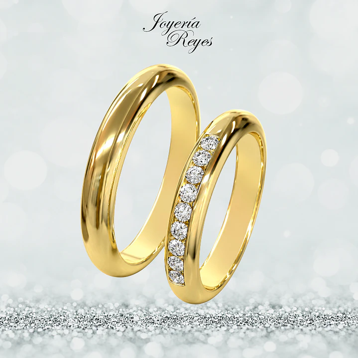Argollas de Matrimonio Oro Amarillo 18 kilates, modelo Media Caña con 9 circones, 4mm ancho x 10 grs aprox el par 1