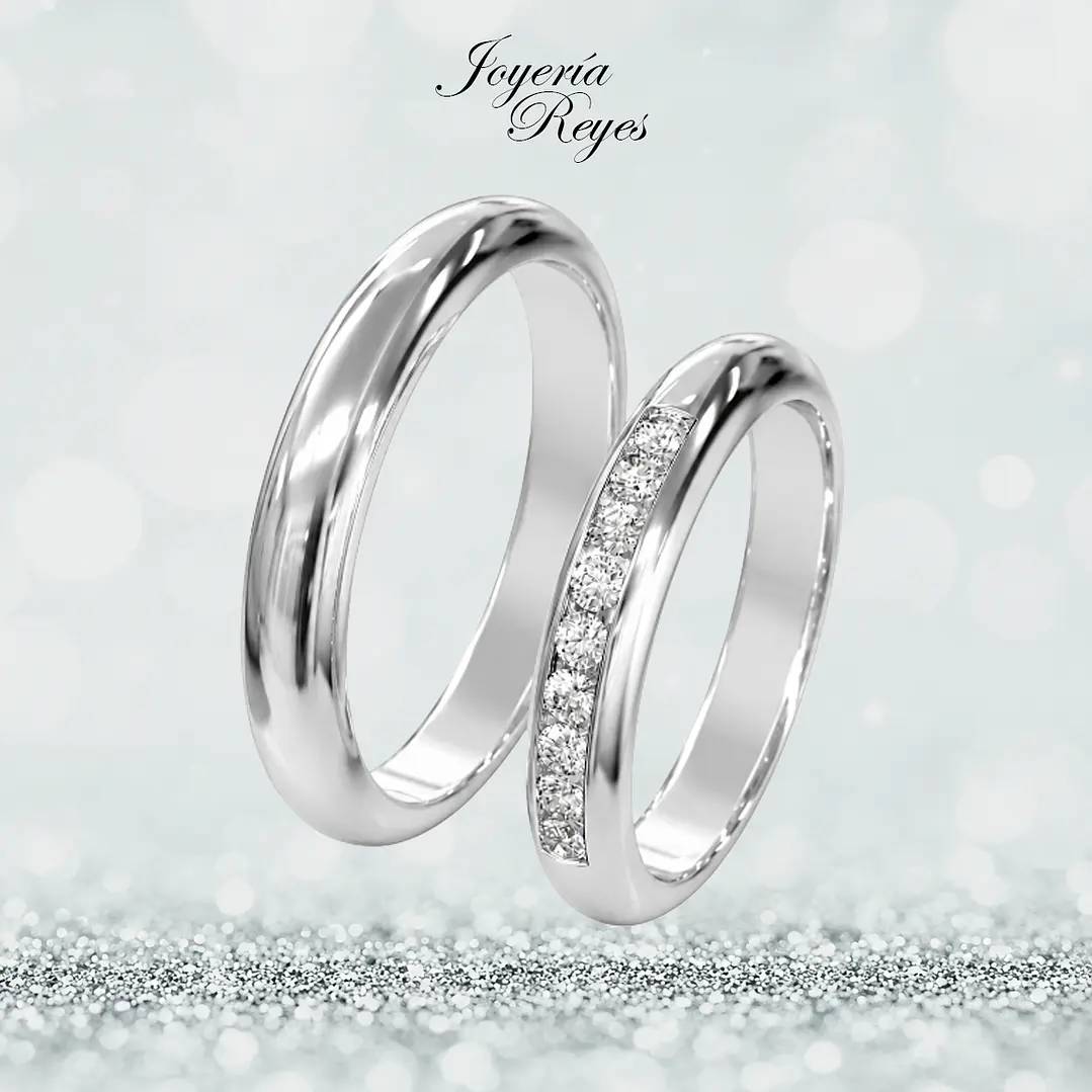 Argollas de Matrimonio Oro Blanco 18 kilates, modelo Media Caña con 9 circones, 4mm ancho x 10 grs aprox el par 1