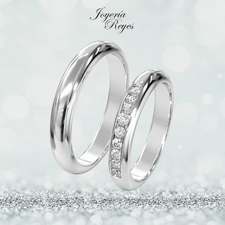 Argollas de Matrimonio Oro Blanco 18 kilates, modelo Media Caña con 9 circones, 4mm ancho x 10 grs aprox el par 1