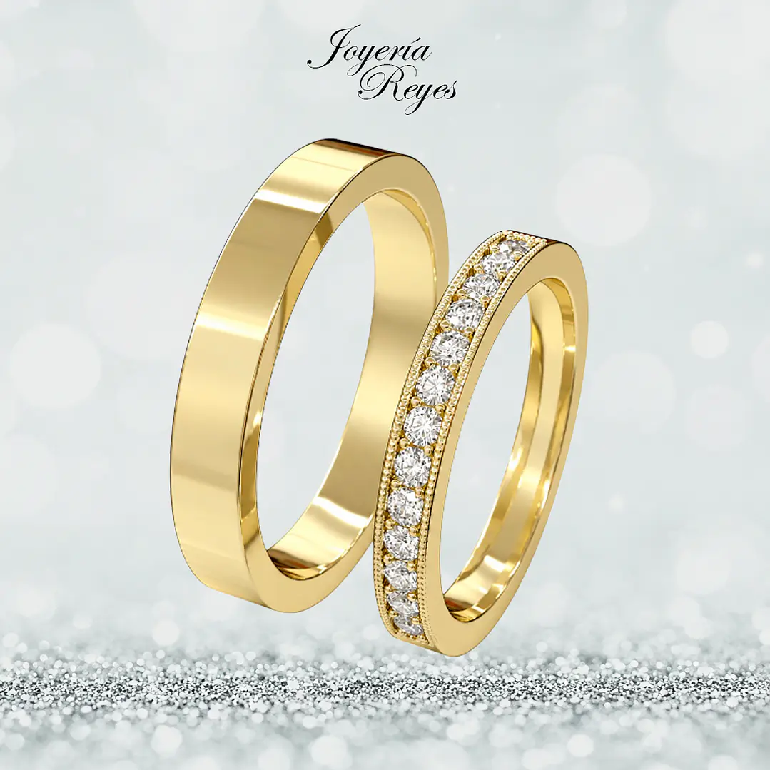 Argollas de Matrimonio Oro Amarillo 18 kilates, modelo Plana con 13 circones, 4mm ancho x 10 grs aprox el par 1