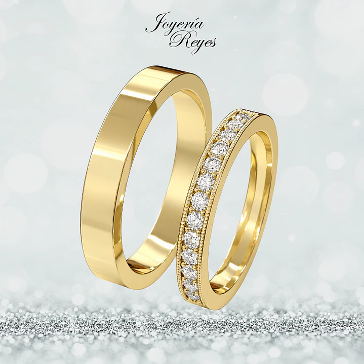 Argollas de Matrimonio Oro Amarillo 18 kilates, modelo Plana con 13 circones, 4mm ancho x 10 grs aprox el par 1