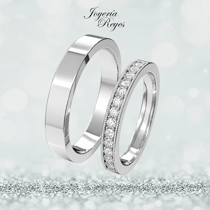 Argollas de Matrimonio Oro Blanco 18 kilates, modelo Plana con 13 circones, 4mm ancho x 10 grs aprox el par 1
