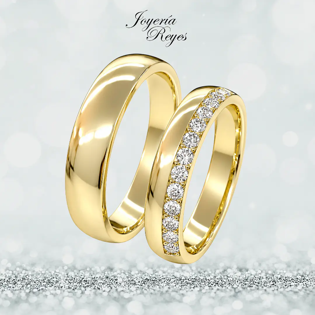 Argollas de Matrimonio Oro Amarillo 18 kilates, modelo Corte Inglés con 13 circones, 4mm ancho x 10 grs aprox el par 1