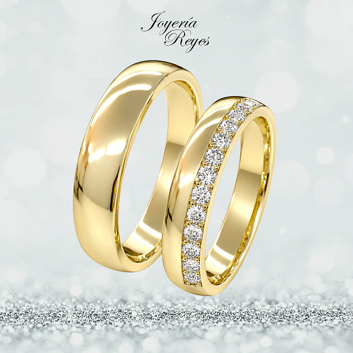 Argollas de Matrimonio Oro Amarillo 18 kilates, modelo Corte Inglés con 13 circones, 4mm ancho x 10 grs aprox el par 1