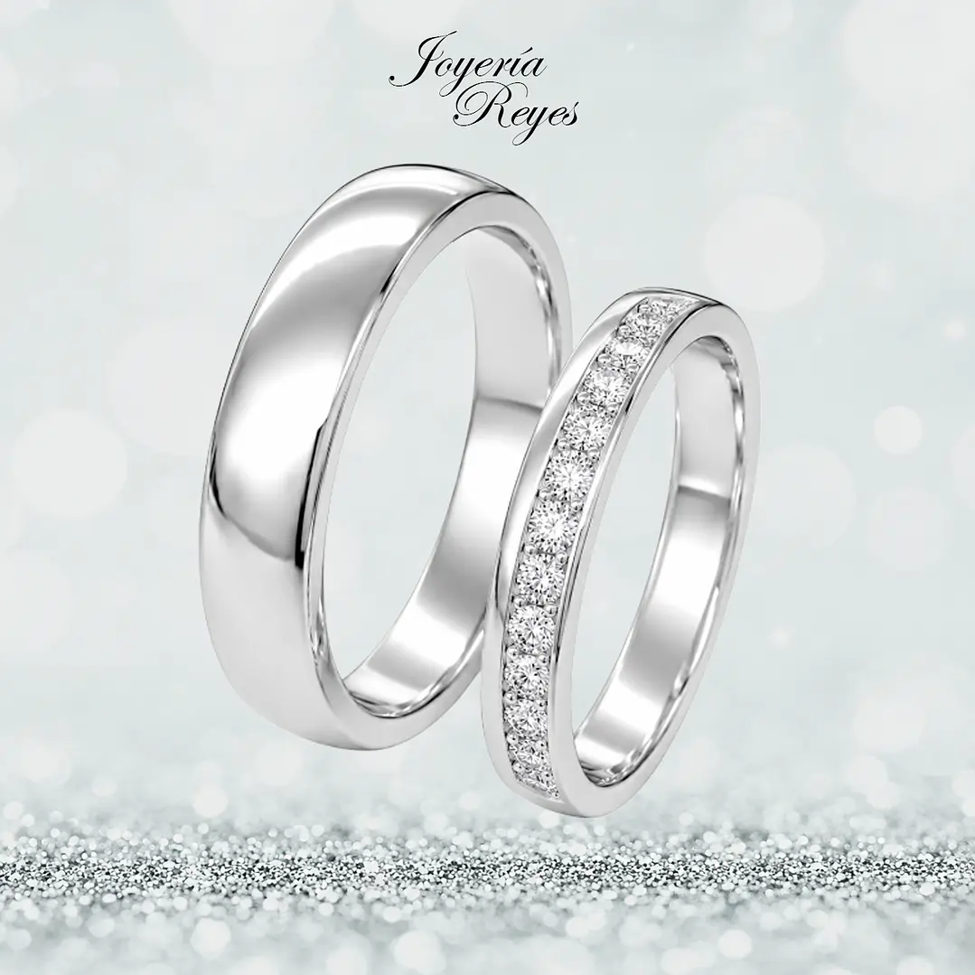 Argollas de Matrimonio Oro Blanco 18 kilates, modelo Corte Inglés con 13 circones, 4mm ancho x 10 grs aprox el par 1