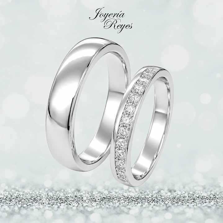 Argollas de Matrimonio Oro Blanco 18 kilates, modelo Corte Inglés con 13 circones, 4mm ancho x 10 grs aprox el par 1