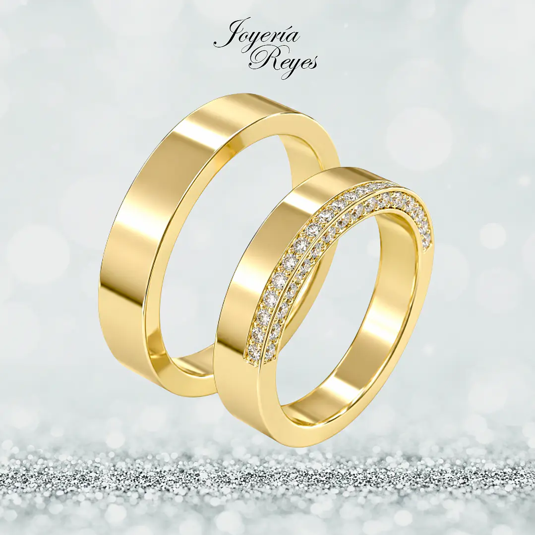 Argollas de Matrimonio Oro Amarillo 18 kilates, modelo Plana con 32 circones, 4mm ancho x 10 grs aprox el par 1