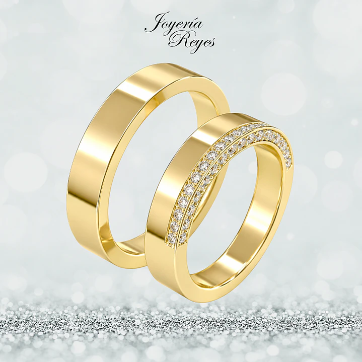 Argollas de Matrimonio Oro Amarillo 18 kilates, modelo Plana con 32 circones, 4mm ancho x 10 grs aprox el par 1
