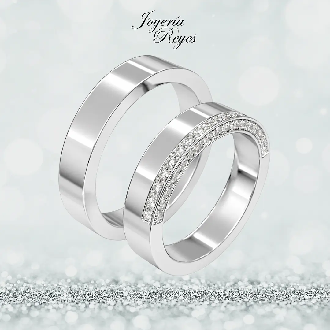 Argollas de Matrimonio Oro Blanco 18 kilates, modelo Plana con 32 circones, 4mm ancho x 10 grs aprox el par 1