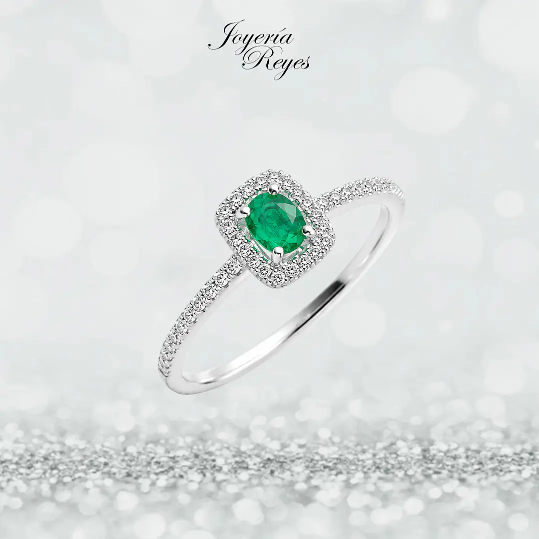 Anillo de Oro Blanco 18 kilates - brillantes - Esmeralda - R10566E 1