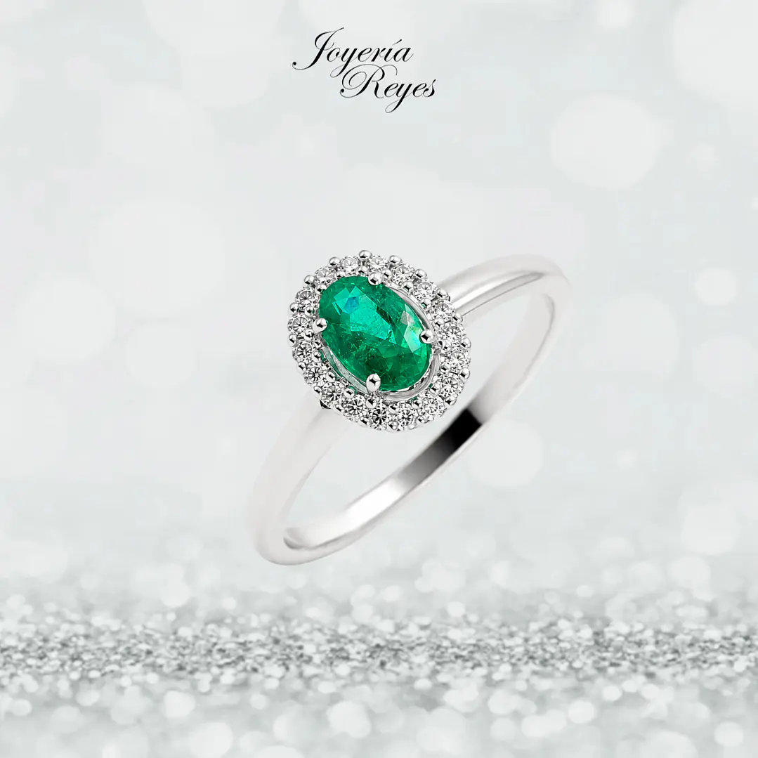 Anillo de Oro Blanco 18 kilates - 18 brillantes de 10,6 puntos - Esmeralda de 34,4 puntos - R10983 1