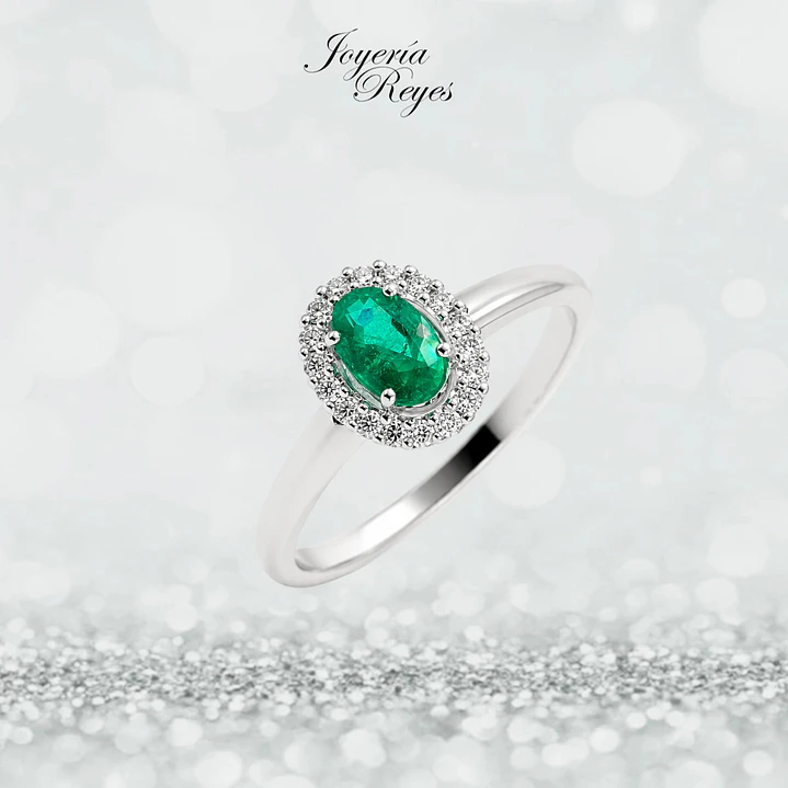 Anillo de Oro Blanco 18 kilates - 18 brillantes de 10,6 puntos - Esmeralda de 34,4 puntos - R10983 1