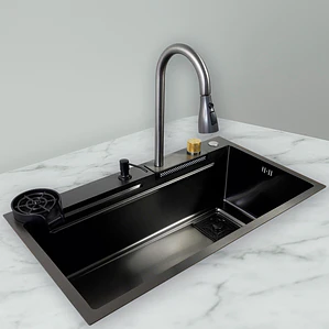 Lavaplatos Americano Premium con Monomando y Cascada Joytek Negro 80x45x22 cm