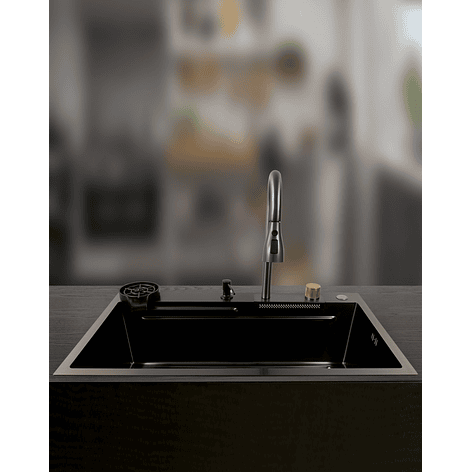 Lavaplatos Americano Premium con Monomando y Cascada Joytek Negro 80x45x22 cm 4