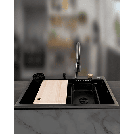 Lavaplatos Americano Premium con Monomando y Cascada Joytek Negro 80x45x22 cm 6