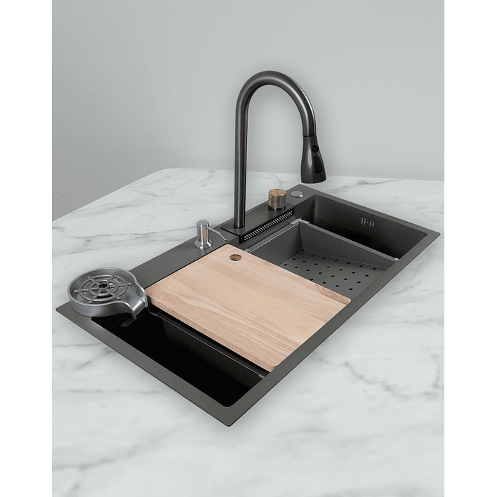 Lavaplatos Americano Premium con Monomando y Cascada Joytek Gris 80x45x22 cm 1