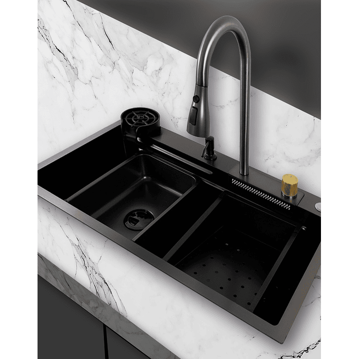 Lavaplatos Americano Premium con Monomando y Cascada Joytek Negro 75x45x22 cm 6