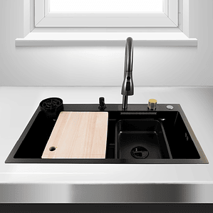 Lavaplatos Americano Premium con Monomando y Cascada Joytek Negro 75x45x22 cm