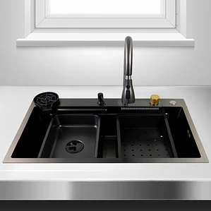 Lavaplatos Americano Premium con Monomando y Cascada Joytek Negro 75x45x22 cm