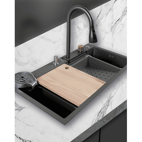 Lavaplatos Americano Premium con Monomando y Cascada Joytek Gris 75x45x22 cm 4