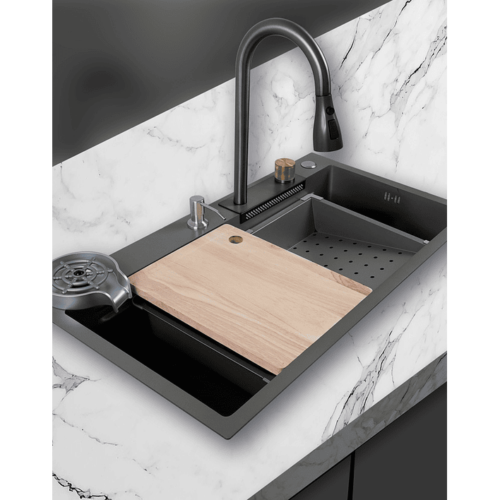 Lavaplatos Americano Premium con Monomando y Cascada Joytek Gris 75x45x22 cm 4