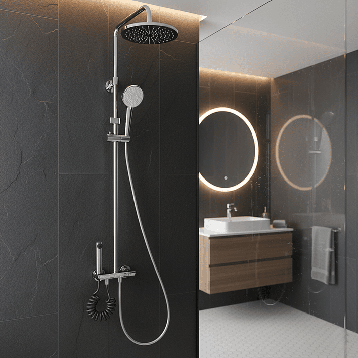 Columna Ducha Teclado Monomando  4 Funciones Plato Redondo Cromado 3