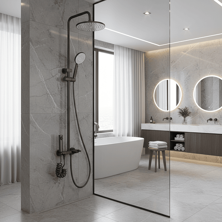 Columna Ducha Teclado Monomando  4 Funciones Plato Redondo Gris Grafito 1