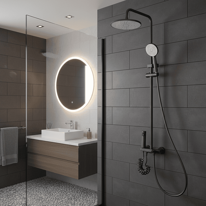 Columna Ducha Teclado Monomando  4 Funciones Plato Redondo Gris Grafito 3