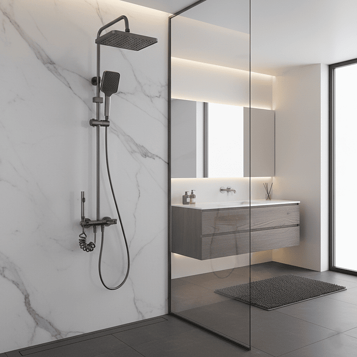 Columna Ducha Teclado Monomando  4 Funciones Plato Rectangular Gris Grafito 3