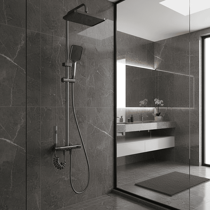 Columna Ducha Teclado Monomando  4 Funciones Plato Rectangular Gris Grafito 2