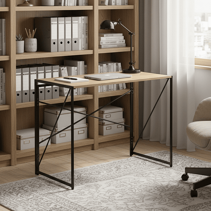 Mesa Escritorio Plegable de Metal y Madera Roble Claro 100x50x75 cm 2