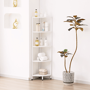 Estante Esquinero Blanco de Metal y Madera 5 Niveles - 140.5x32×32 cm